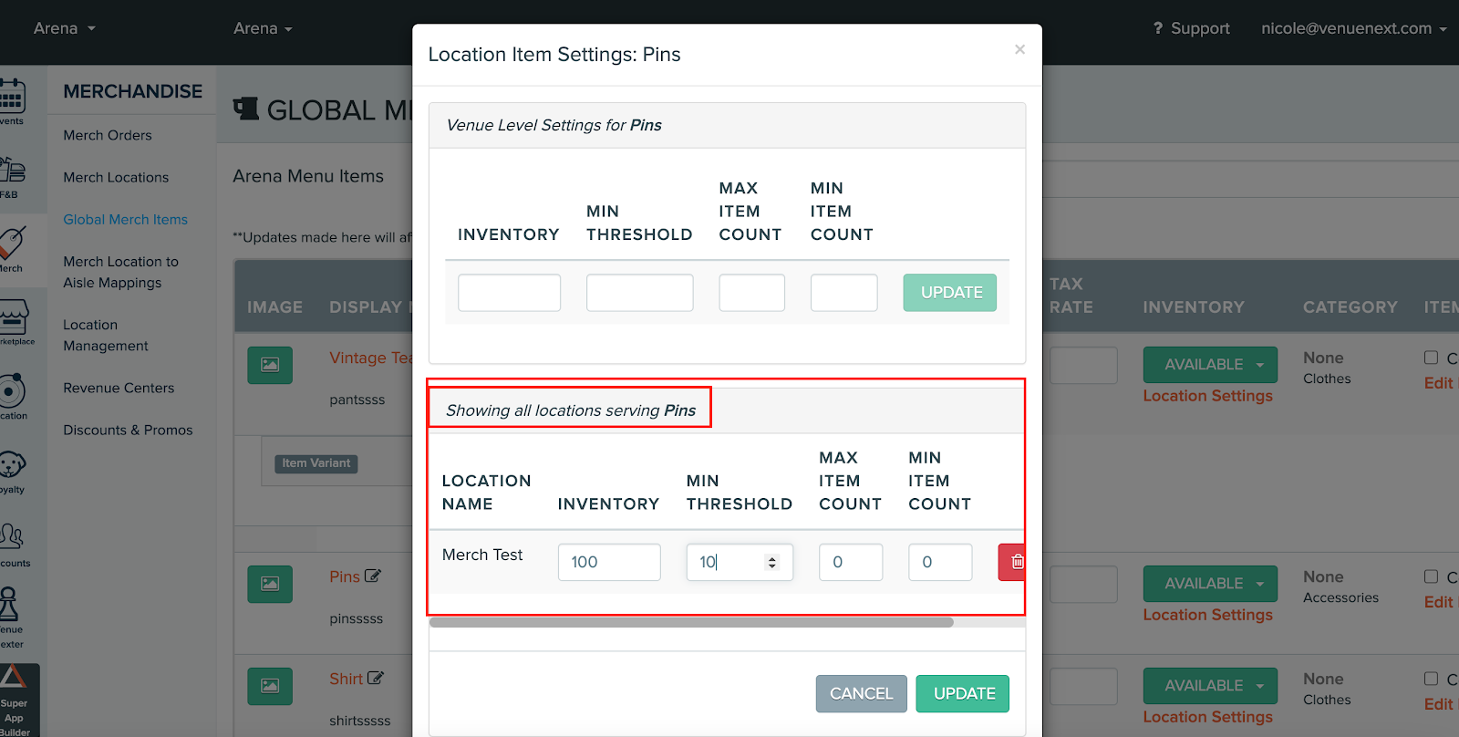 Inventory Settings for Merchandise – VenueNext