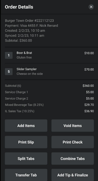 Order Details panel with the Combine Tabs button
