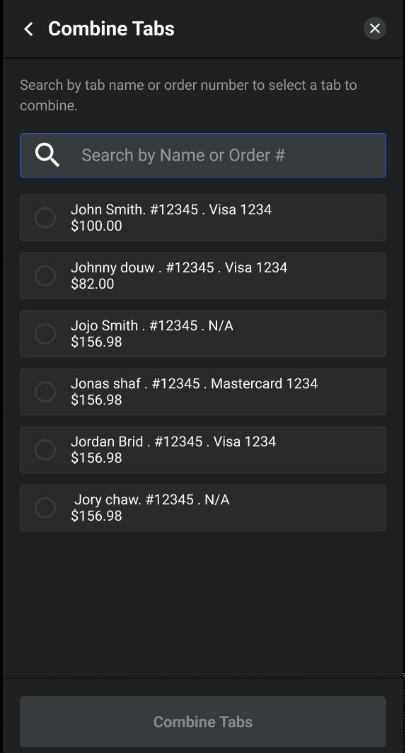 Combine Tabs search screen listing available tabs