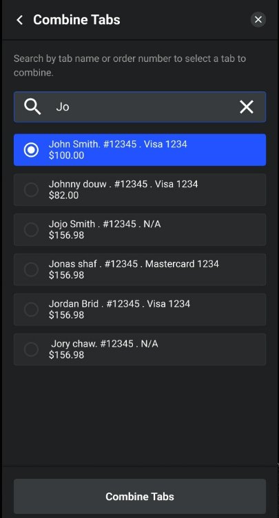 Combine Tabs search screen with one tab selected in blue