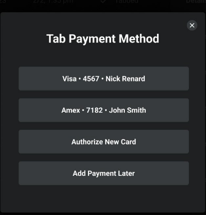 Payment method dialog listing saved cards, authorize new card, add payment later