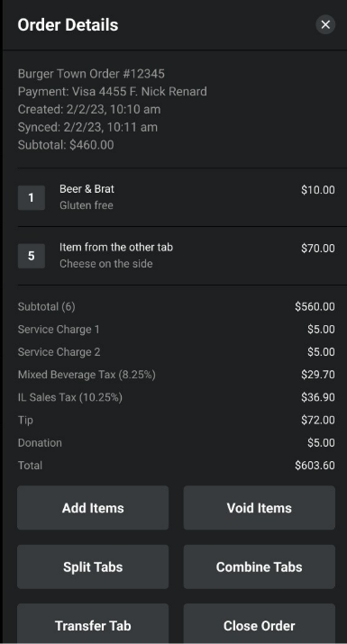 Order Details view after tabs were combined