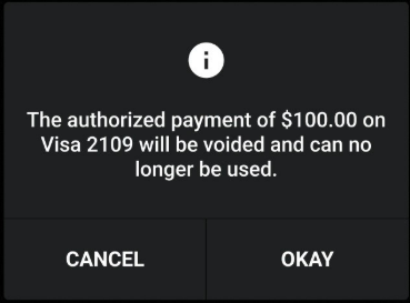 Authorization warning showing the voided authorized payment confirmation